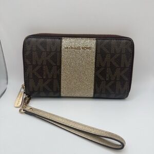 Michael Kors 7" Flat‎ Wallet Center Stripe Wristlet Clutch Card Holder Monogram